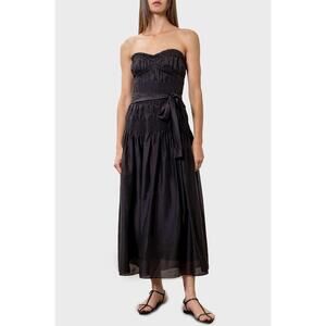 NEW MOON RIVER pleated strapless midi dress in black
